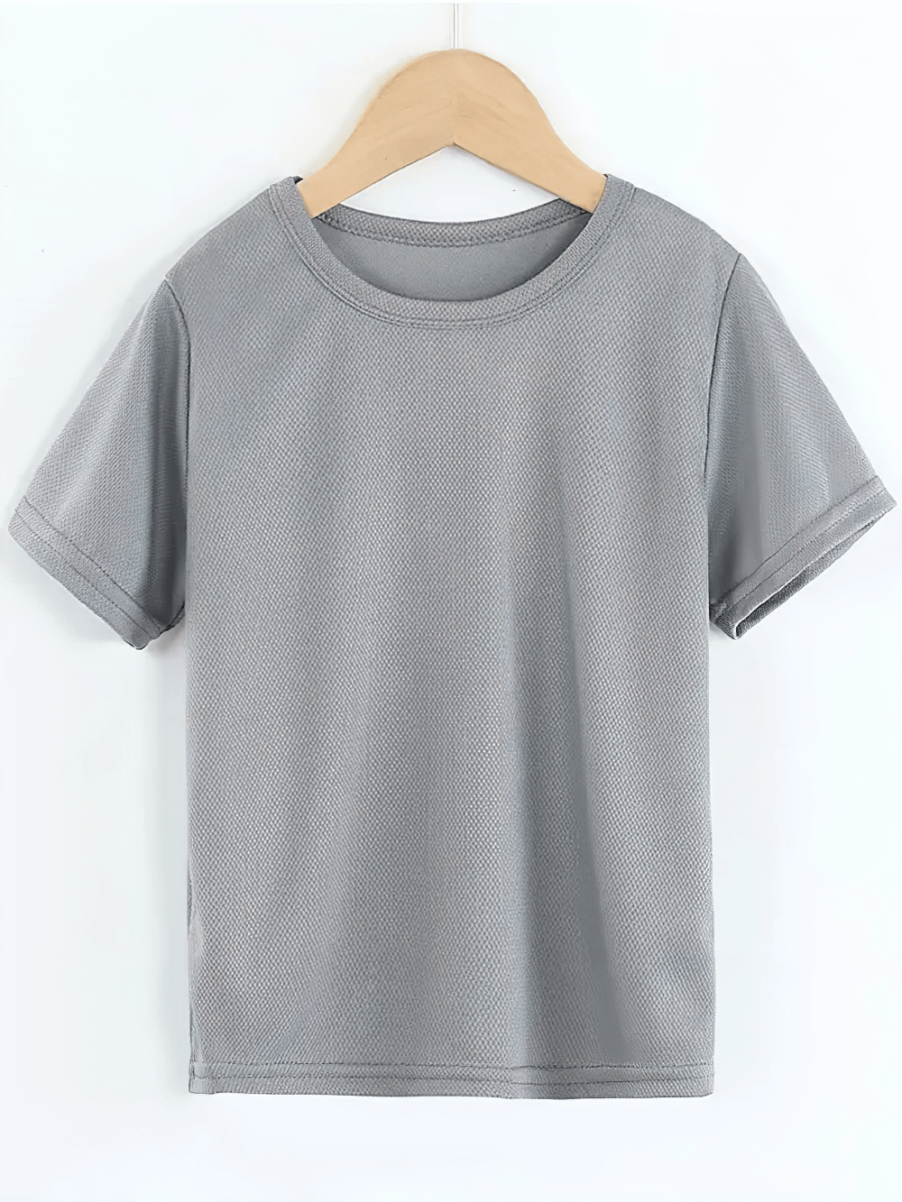 Gray round neck mesh t-shirt on hanger, breathable and ideal for sports or casual wear, perfect for active lifestyles - SF3120